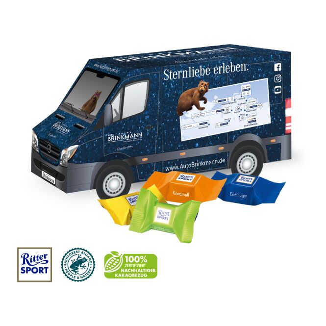 Firmengeschenk Transporter – bunt – mit individuellem Werbedruck aus FSC-Karton klimaneutral – nachhaltiges Give-away für CSR-Aktionen