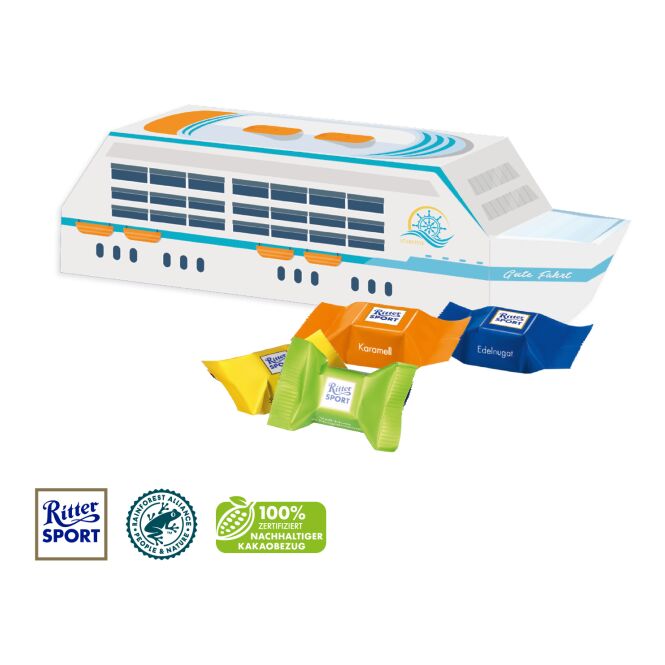 Firmengeschenk 3D-Präsent Schiff – bunt – mit individuellem Werbedruck aus 100% FSC-Karton klimaneutrales nachhaltiges Werbemittel