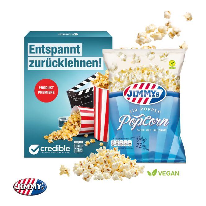 Werbeartikel Jimmy's Popcorn Werbebox – salted – mit Logo bedruckt als hochwertiger Snack für Kunden auf Messen und Events für Ihr Unternehmen