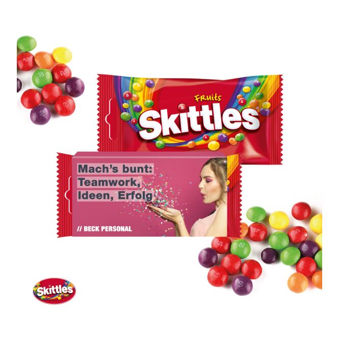 Streuartikel Skittles® im Werbeschuber – bunt – mit Logo bedruckt 45 g für Messen und Events zur Kundenbindung und als Mitarbeiterpräsent
