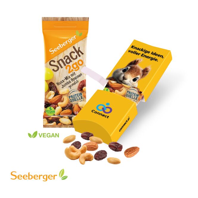 Werbeartikel Seeberger Nuss-Mix – nussig – mit bedrucktem Etikett 50g als gesundes Firmengeschenk für geschätzte Kunden und Mitarbeiter
