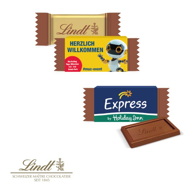 Firmengeschenk Lindt Schokoladen-Gruß – bunt – mit individuellem Werbeschuber 10g als hochwertige Aufmerksamkeit für treue Kunden und Partner