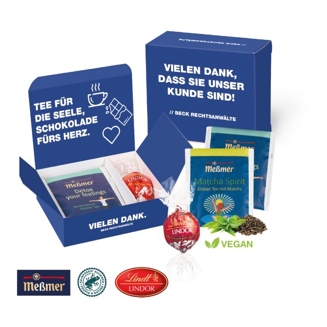 Premium-Werbeartikel Lindt Meßmer Tea & Chocolate Box – bunt – mit individuellem Etikett für Kunden und Partner als Firmengeschenk