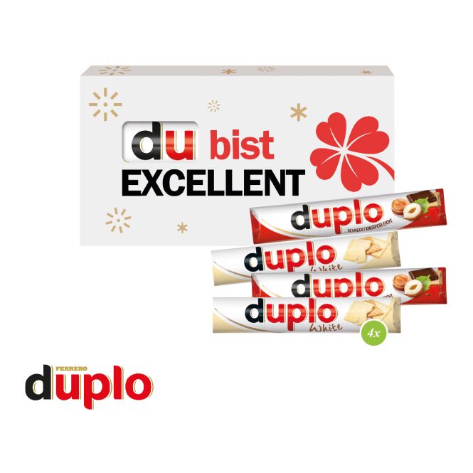 Premium-Werbeartikel Duplo 4er – schokoladig – mit bedrucktem Etikett 72g als Firmengeschenk für Geschäftspartner und Mitarbeiter im Team