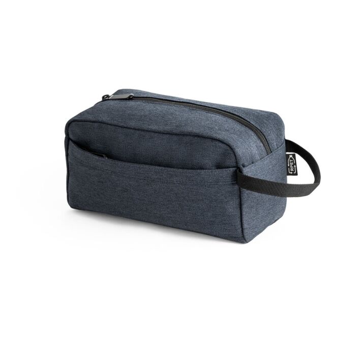 Werbeartikel Kulturtasche aus recyceltem rPET mit Logodruck – Blau – nachhaltige Kosmetiktasche für Firmen und Messen
