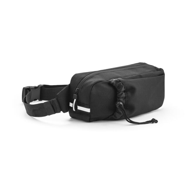 Werbeartikel Delfos Pouch mit Logodruck – 270x120x70 mm – Schwarz – reflektierende Bauchtasche aus recyceltem Polyester für Firmen