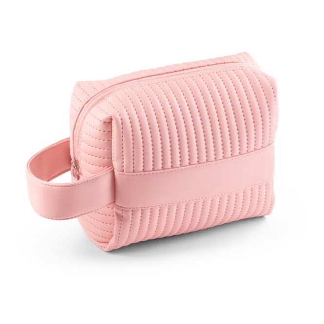 Firmengeschenk Kulturbeutel GILI – hellrosa – mit Logo bedruckt 21% recyceltes PU 30% rPET 180x140x80mm nachhaltige Kulturtasche