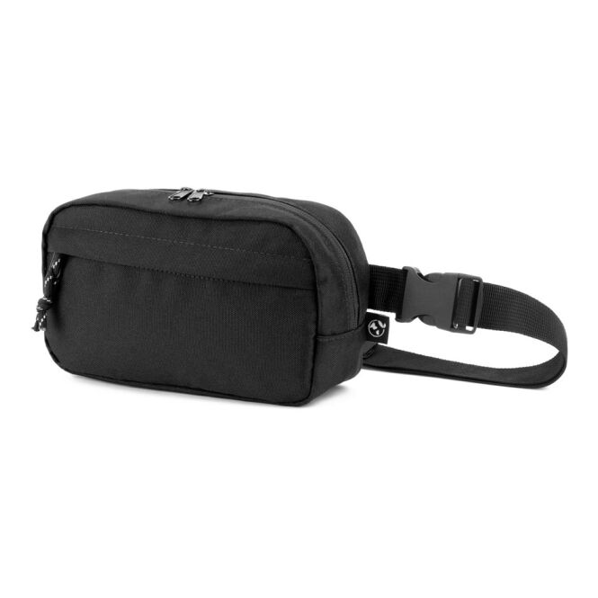 Werbeartikel Gürteltasche Mykonos mit Logodruck – 220x130x70 mm – Schwarz – praktische Bauchtasche für Firmenevents und Mitarbeiterausstattung