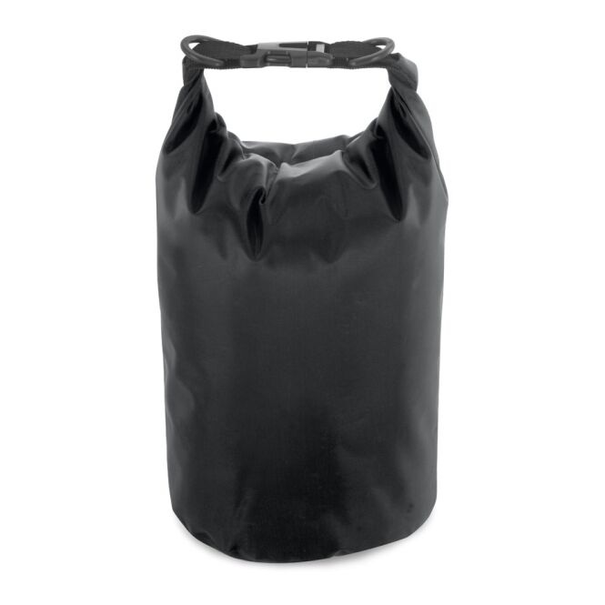 Werbeartikel Rucksack Volga mit Logodruck – Schwarz – wasserdichter Seesack aus Tarpaulin für Outdoor-Events und Promotion