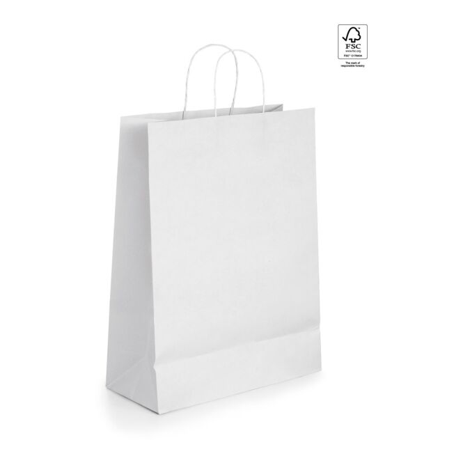 Werbeartikel Tragetasche Cabazon aus Kraftpapier mit Logodruck – Weiß – 240x310x90 mm Papiertüte für Messen und Firmenveranstaltungen