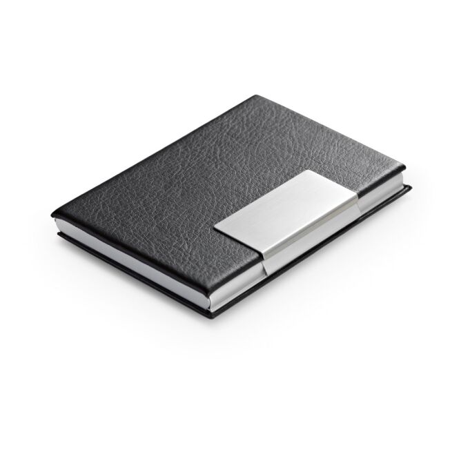 Firmengeschenk Kartenhalter Aluminium und PU mit Gravur – Schwarz – kompaktes Etui für Bank- und Visitenkarten im Büro