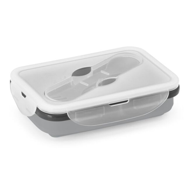Firmengeschenk Lunchbox Saffron mit Logodruck – 640 ml – Hellgrau – faltbare Frischhaltebox für Mitarbeiter und Büro