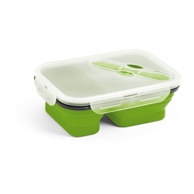 Werbeartikel DILL faltbare Frischhaltebox mit Logodruck – Hellgrün – hermetischer Lunchbehälter mit Besteck für Büro und Kantine