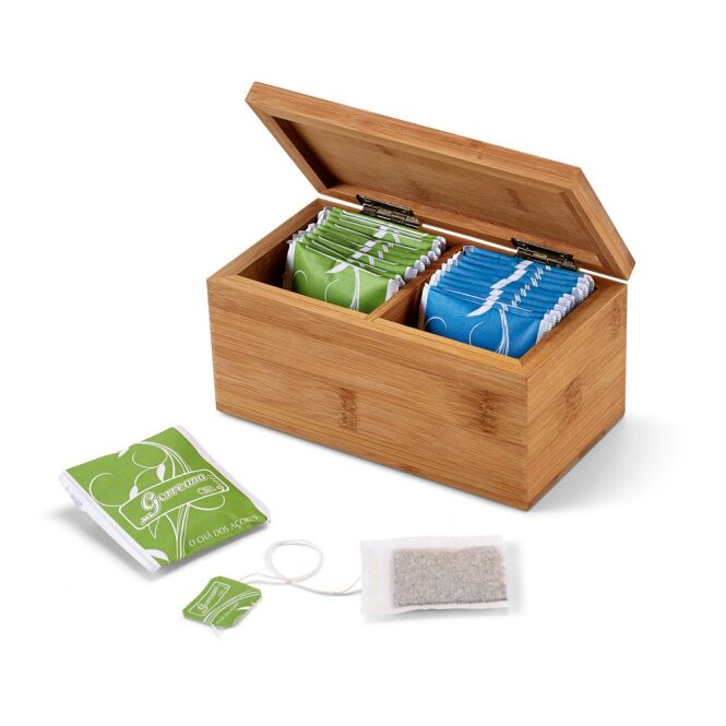 Werbeartikel BURDOCK Teebox – bambus mit 2 fächern – inkl. Werbeaufdruck 160 x 87 x 78 mm als hochwertiges Firmengeschenk für Geschäftspartner