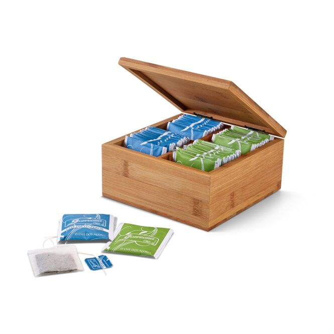 Werbeartikel ARNICA Teebox aus Bambus 4 Fächer – natur – mit Logo bedruckt 160 x 160 x 78 mm als hochwertiges Firmengeschenk für Partner