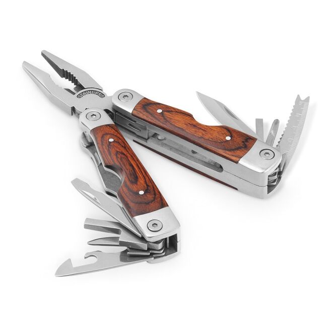 Firmengeschenk Multifunktionswerkzeugset Magnum mit Logodruck – Natur dunkel – 45x100x25 mm robustes Edelstahl Multitool für Handwerk und Technik