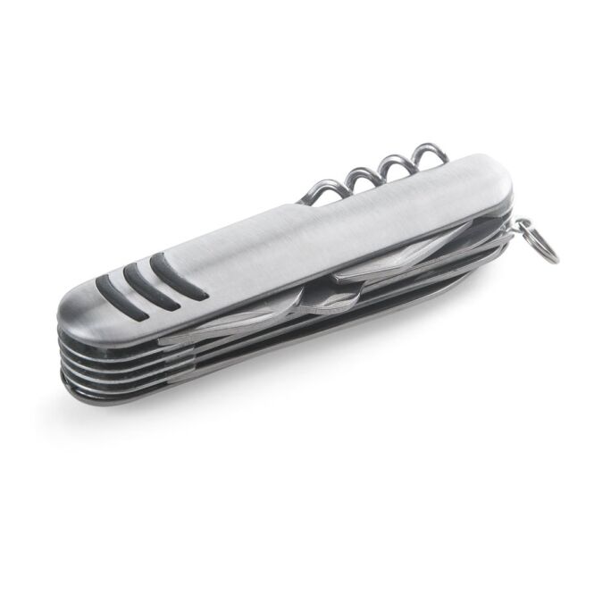 Premium-Werbegeschenk Kaprun Multifunktions-Taschenmesser mit Gravur – Satinsilber – nützliches Werkzeug für Firmen und Messen