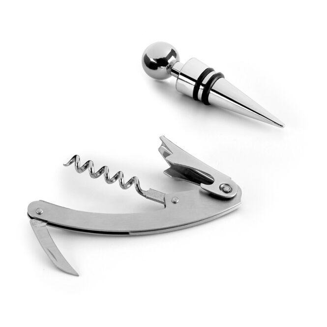 Firmengeschenk BARREL Weinset aus Zink und Edelstahl mit Gravur – Satinsilber – exklusives Sommelier-Set für professionelle Kunden