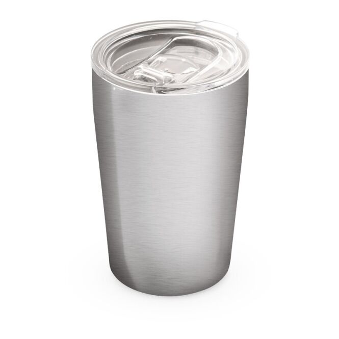 Firmengeschenk SLIDER Reisebecher mit Sublimationsdruck – 380 ml doppelwandig – Satinsilber – isolierter Trinkbecher für Büro und Catering