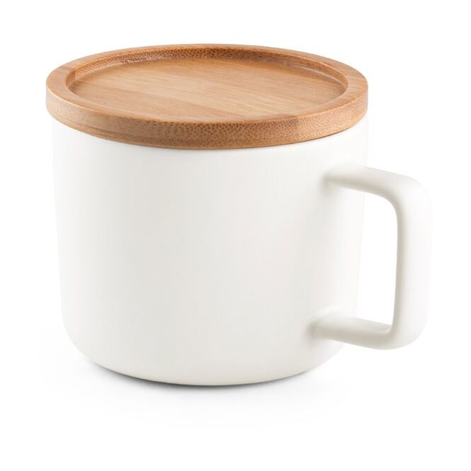 Kundengeschenk Kaffeebecher FANGIO – weiß – mit Logodruck 220 ml aus Keramik mit nachhaltigem Bambus-Untersetzer für die Büroküche