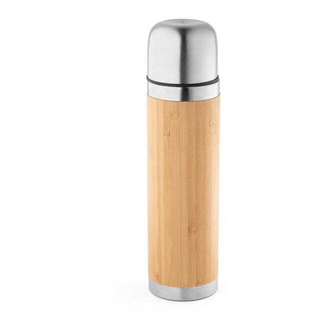 Werbeartikel CEYLON Thermoskanne 450 ml mit Logodruck – Natur – doppelwandige Isolierkanne aus Edelstahl und Bambus für Büro und Firmen