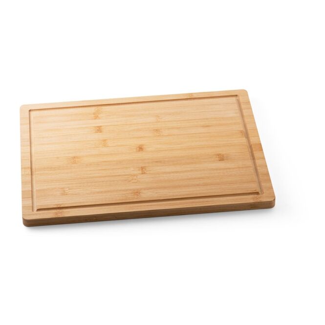 Firmengeschenk Schneidebrett Marjoram mit Lasergravur – Natur – 400x300x15 mm Bambusbrett für Gastronomie und Küche