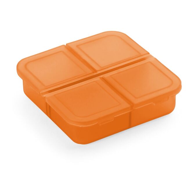 Werbeartikel Tablettenbox mit 4 Fächern mit Logodruck – Orange – kompakte Pillendose für Apotheken & Gesundheitswesen