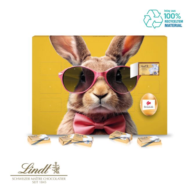 Oster-Werbeartikel Lindt Osterkalender – ostern – mit individuell bedrucktem Etikett 20 Genussmomente als süßes Oster-Werbegeschenk für Kunden