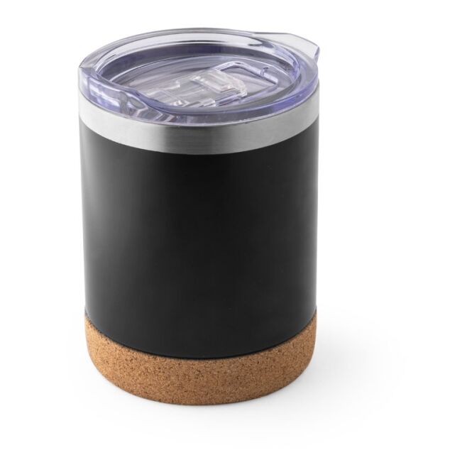 Firmengeschenk Solberg Reisebecher mit Logodruck – 400 ml doppelwandig – Schwarz – hochwertiger Thermobecher für Büro und Catering