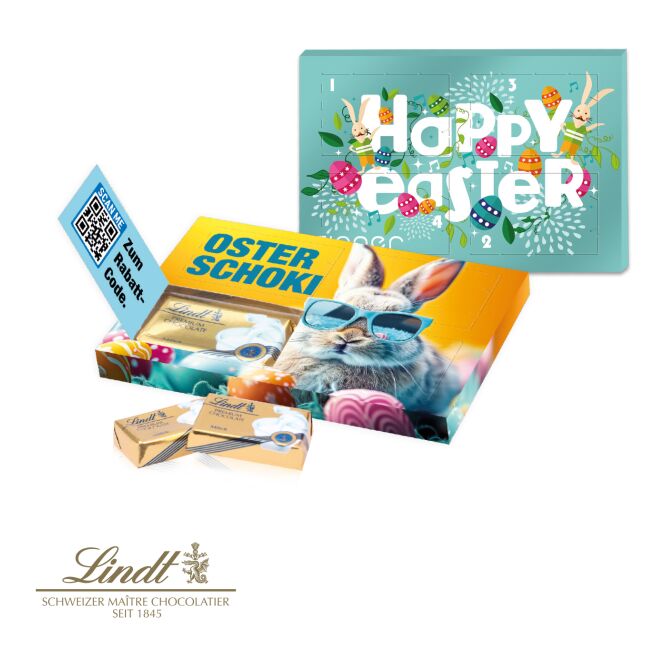 Oster-Werbeartikel Lindt Mini Osterkalender – bunt – mit bedrucktem Etikett als süßes Oster-Werbegeschenk für Kunden und Geschäftspartner