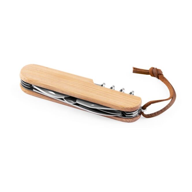 Firmengeschenk Multifunktions-Taschenmesser Ryker mit Gravur – Natur – 7 Funktionen aus Edelstahl und Bambus für B2B-Einsatz