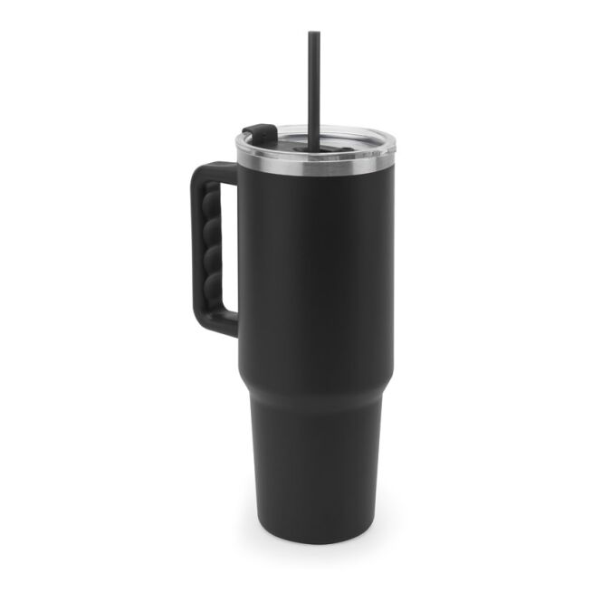 Firmengeschenk JOYNER XL Reisebecher mit Logodruck – 1300 ml vakuumisoliert – Schwarz – nachhaltiges Trinkgefäß für Mitarbeiter und Kunden
