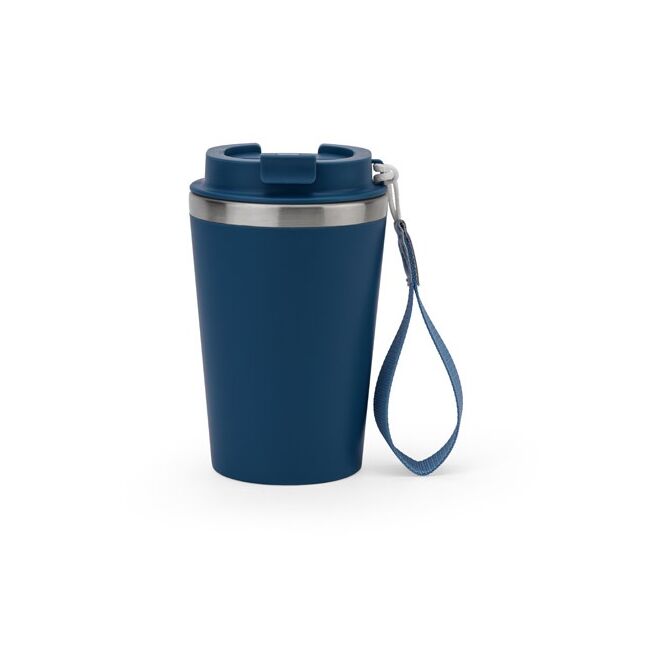 Werbeartikel Thermobecher SPITZ – dunkelblau – mit Logo bedruckt 460 ml nachhaltiger Reisebecher aus recyceltem Edelstahl für das Büro