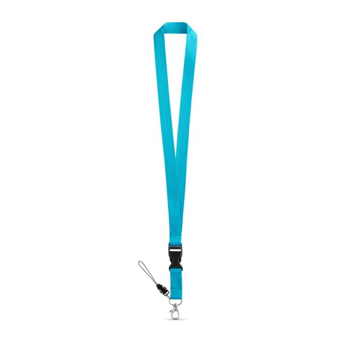 Messeartikel Schlüsselband ANQUETIL – hellblau – mit Logo bedruckt 20 mm mit Karabiner und Sicherheitsverschluss als Lanyard für Messen