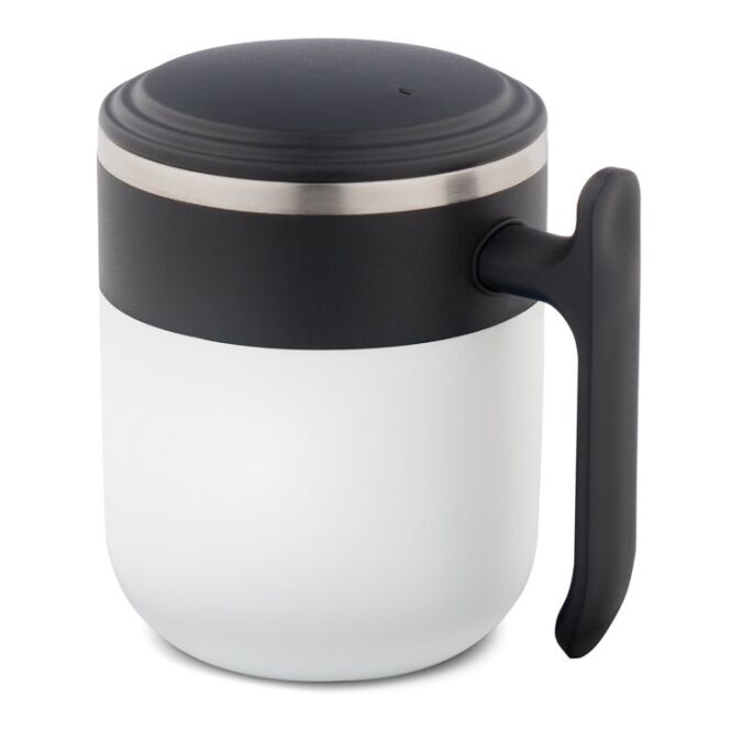 Kundengeschenk Reisebecher Maldini mit Logodruck – 400 ml – Weiß – doppelwandiger Thermobecher für Büro und Außendienst