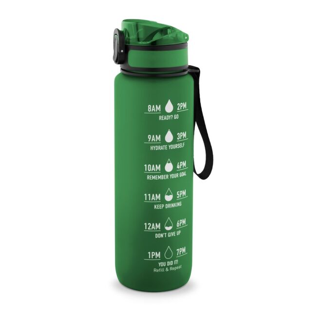 Firmengeschenk ERIKSSON rPET-Flasche mit Logodruck – Grün – nachhaltige Trinkflasche mit Zeitmarkierungen für Büro und Sport