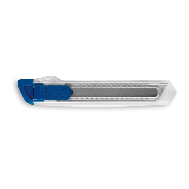 Werbeartikel Cuttermesser PAYTON – blau – mit Logo bedruckt 155x30x10mm scharfes Teppichmesser ideal für Montagearbeiten