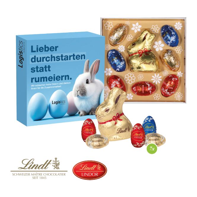 Oster-Werbeartikel Lindt Kleiner Ostergruß – bunt – mit bedrucktem Etikett 40g als süßes Oster-Werbegeschenk für Kunden und Partner