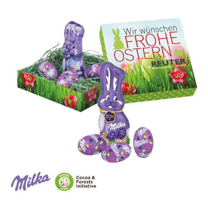 Oster-Werbeartikel Milka Osternest mit Schokolade – bunt – mit individueller Banderole als süßes Oster-Werbegeschenk für Kunden und Partner