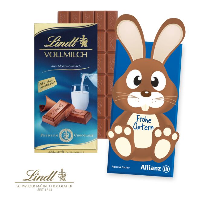 Oster-Werbeartikel Lindt Osterhase – bunt – mit individuellem Etikett 100 g als süßes Oster-Werbegeschenk für Kunden und Partner