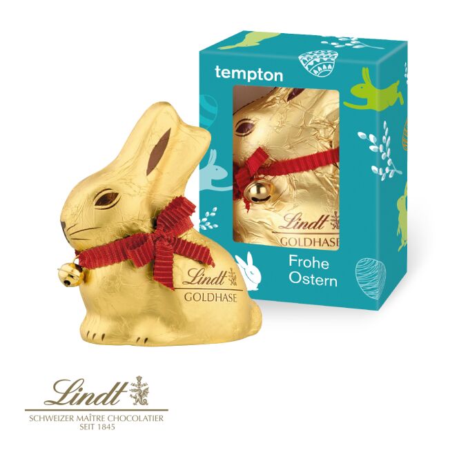 Oster-Werbeartikel Lindt Goldhase in Werbekartonage – ostern – mit individuellem Etikett 100 g als süßes Oster-Werbegeschenk für Kunden
