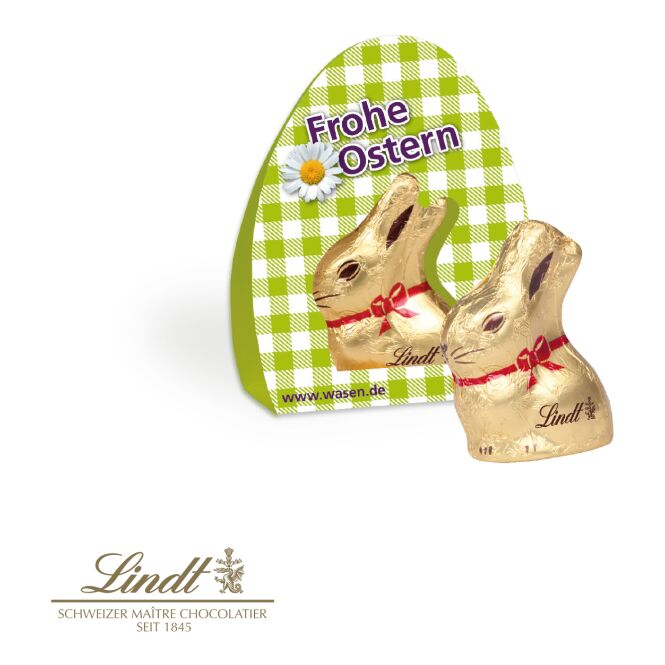 Oster-Werbeartikel Lindt Goldhase Osterboten – bunt – inkl. Werbeaufdruck 10 g als süßes Oster-Werbegeschenk für Kunden und Mitarbeiter