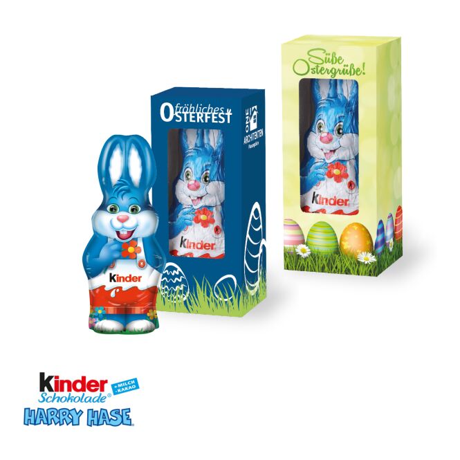 Oster-Werbeartikel Kinder Schokolade Harry Hase – bunt – mit bedrucktem Etikett ca. 15g als süßes Oster-Werbegeschenk für Kunden und Partner