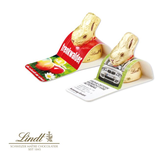Oster-Werbeartikel Lindt Goldhase – ostern – mit individuellem Werbeaufsteller 10 g als süßes Oster-Werbegeschenk für Kunden und Partner
