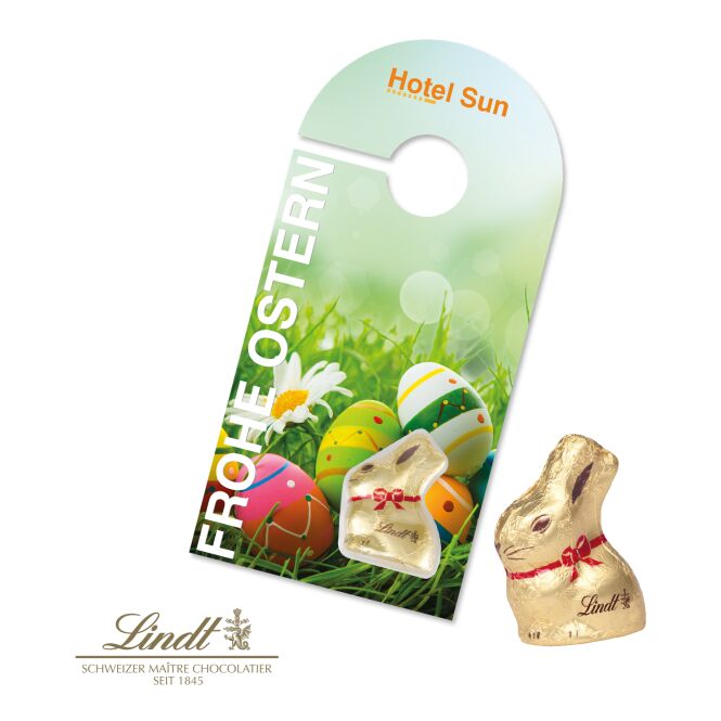 Kundenpräsent Schokokarte Türanhänger mit Lindt Goldhase mit Logodruck – Bunt – süßes Osterpräsent für Unternehmen und Mitarbeiter