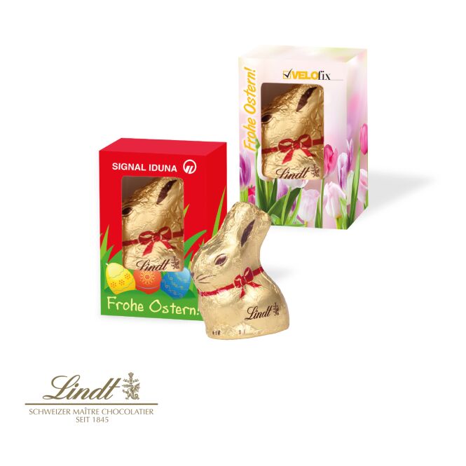 Oster-Werbeartikel Lindt Goldhase – ostern – mit individuellem Etikett 10 g als süßes Oster-Werbegeschenk für Kunden und Partner