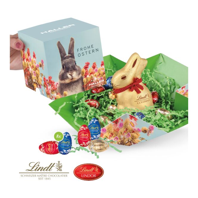 Oster-Werbeartikel Lindt Werbewürfel – ostern – mit individuell bedrucktem Etikett als süßes Oster-Werbegeschenk für Kunden und Partner