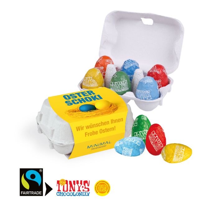 Oster-Werbeartikel Tony's Schokoeier 6er – bunt – mit bedrucktem Etikett 6er Pack als süßes Oster-Werbegeschenk für Kunden und Partner
