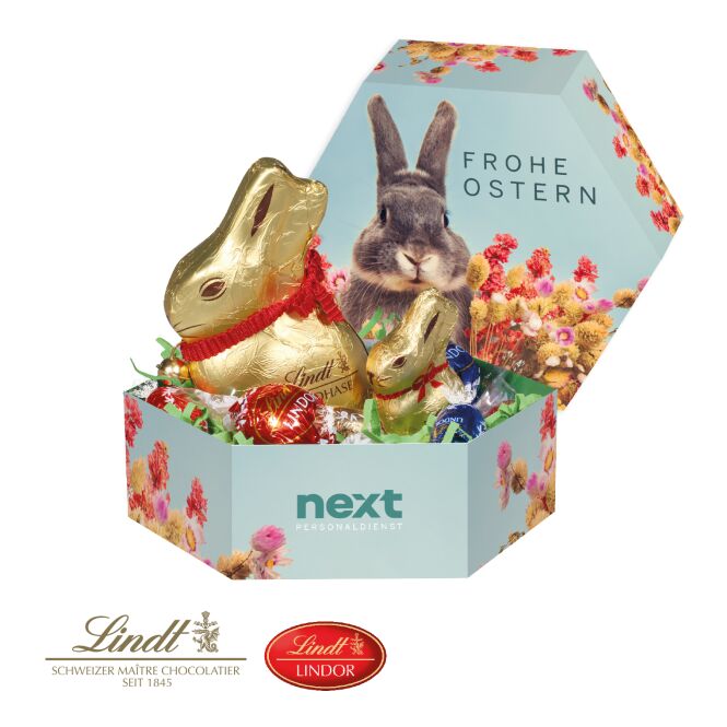 Firmengeschenk Premium-Osternest mit Lindt Schokolade mit Logodruck – Bunt – süßes Osterpräsent für Geschäftspartner und Mitarbeiter