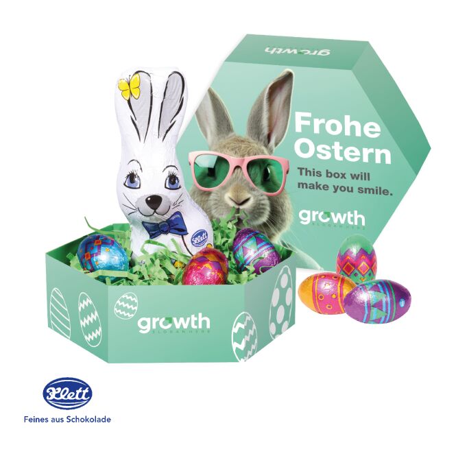 Oster-Werbeartikel Klett Schokoladen-Osternest – bunt – mit bedrucktem Etikett 40g Inhalt als süßes Oster-Werbegeschenk für Kunden